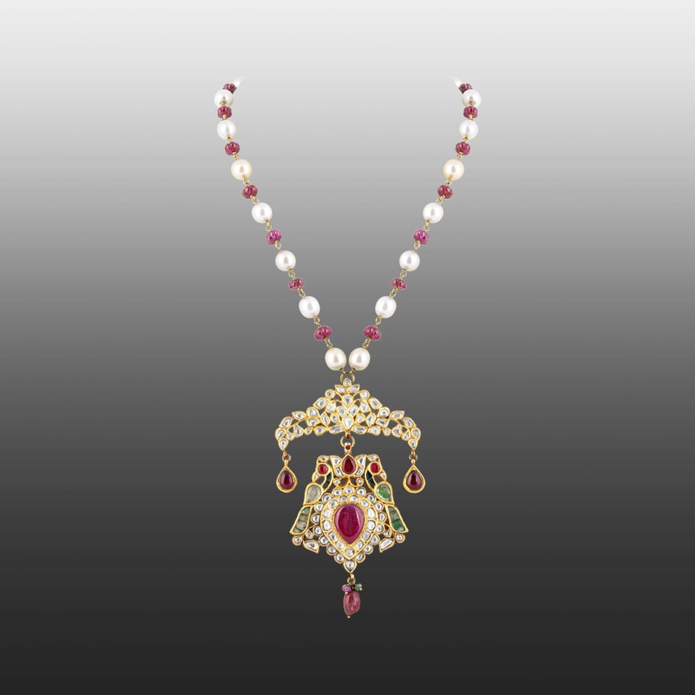 Peacock Polki Pendant Necklace with Rubies, Green Talaf & Southsea Pearls